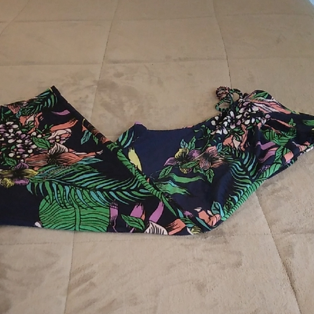 Blue and Green Wide Leg Pants with Tropical Print